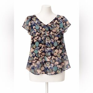 Fun 2 Fun Sheer Floral Blouse Size S Navy Teal Flutter Sleeve V-Neck Boho Top